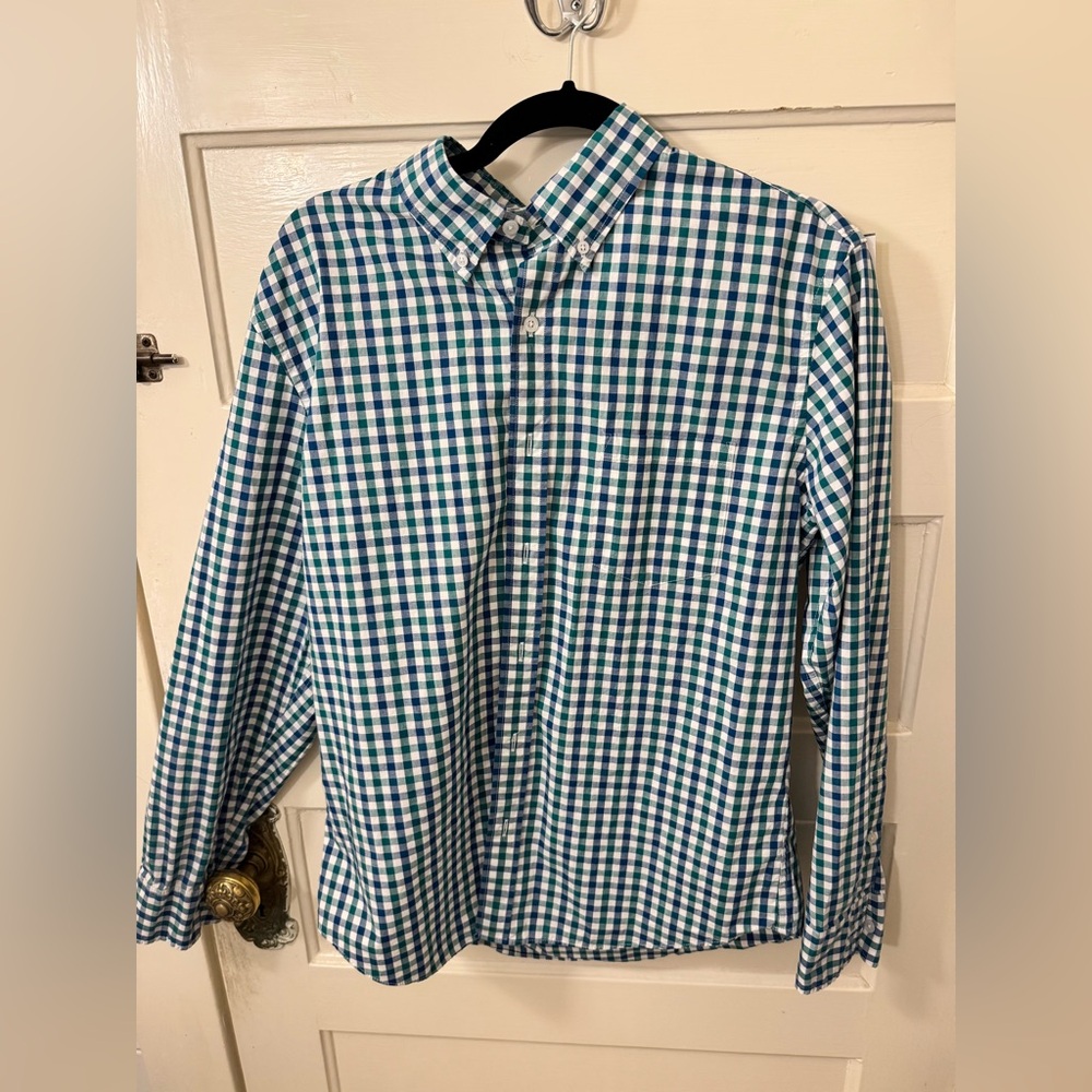 J Crew Slim Untucked Shirt Mens Large Blue Green Gingham Button Down Preppy